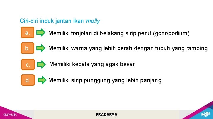 Ciri-ciri induk jantan ikan molly a. Memiliki tonjolan di belakang sirip perut (gonopodium) b.
