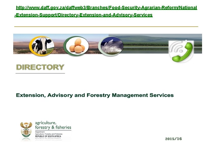 http: //www. daff. gov. za/daffweb 3/Branches/Food-Security-Agrarian-Reform/National -Extension-Support/Directory-Extension-and-Advisory-Services 11 