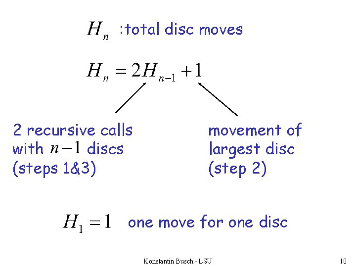 : total disc moves 2 recursive calls with discs (steps 1&3) movement of largest
