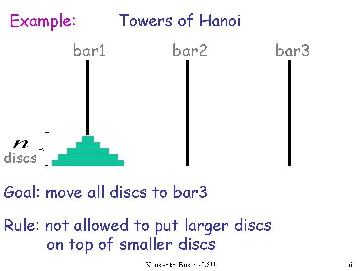 Example: bar 1 Towers of Hanoi bar 2 bar 3 discs Goal: move all