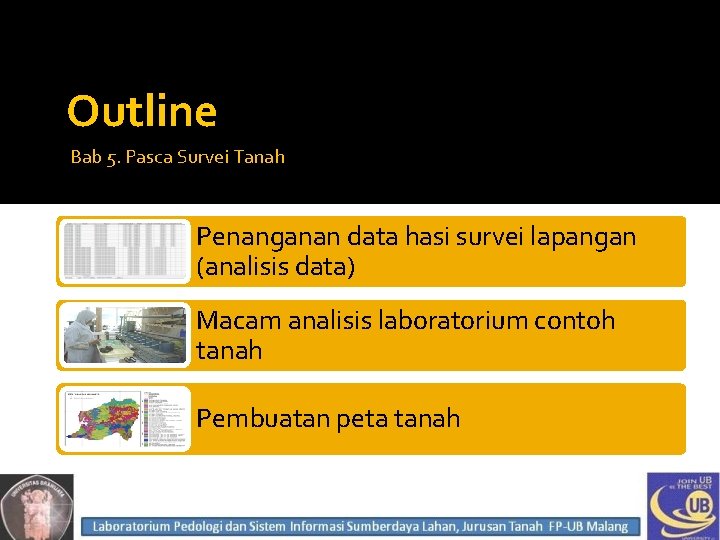 Outline Bab 5. Pasca Survei Tanah Penanganan data hasi survei lapangan (analisis data) Macam