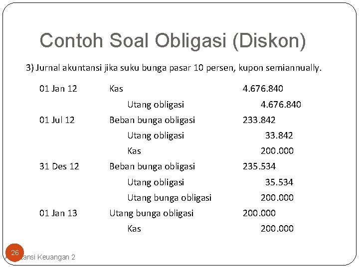 Contoh Soal Obligasi (Diskon) 3) Jurnal akuntansi jika suku bunga pasar 10 persen, kupon