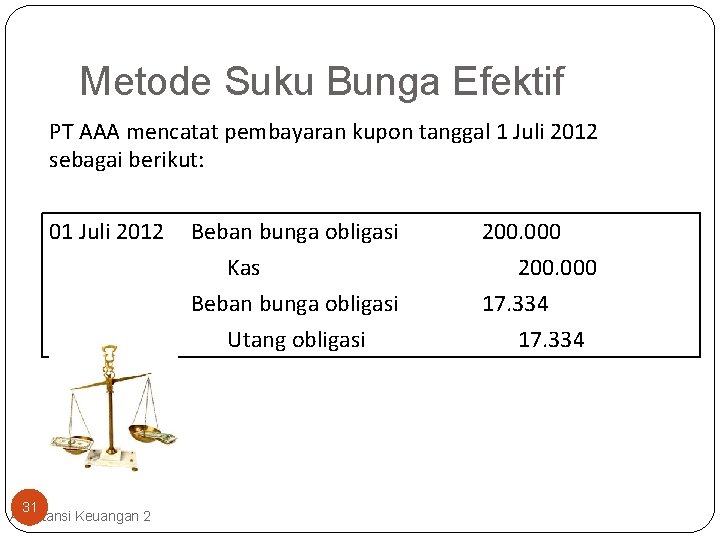 Metode Suku Bunga Efektif PT AAA mencatat pembayaran kupon tanggal 1 Juli 2012 sebagai