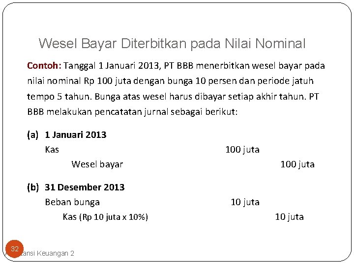 Wesel Bayar Diterbitkan pada Nilai Nominal Contoh: Tanggal 1 Januari 2013, PT BBB menerbitkan