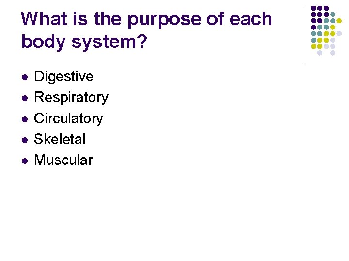 What is the purpose of each body system? l l l Digestive Respiratory Circulatory