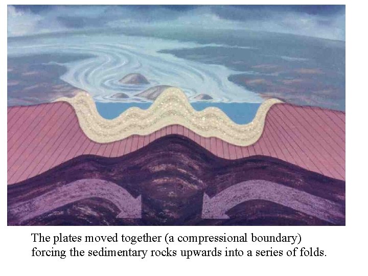 The plates moved together (a compressional boundary) forcing the sedimentary rocks upwards into a