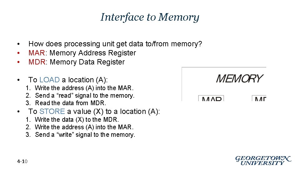 Interface to Memory • • • How does processing unit get data to/from memory?