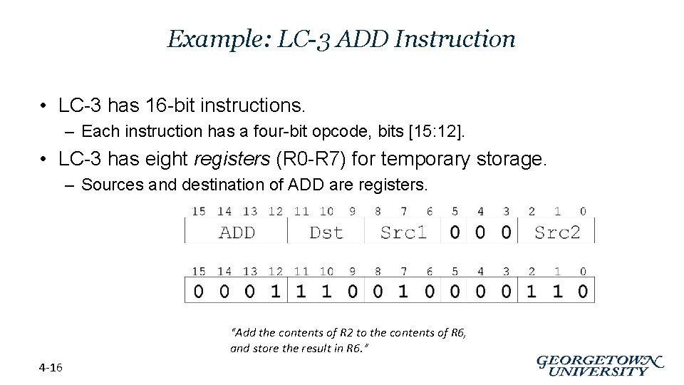 Example: LC-3 ADD Instruction • LC-3 has 16 -bit instructions. – Each instruction has