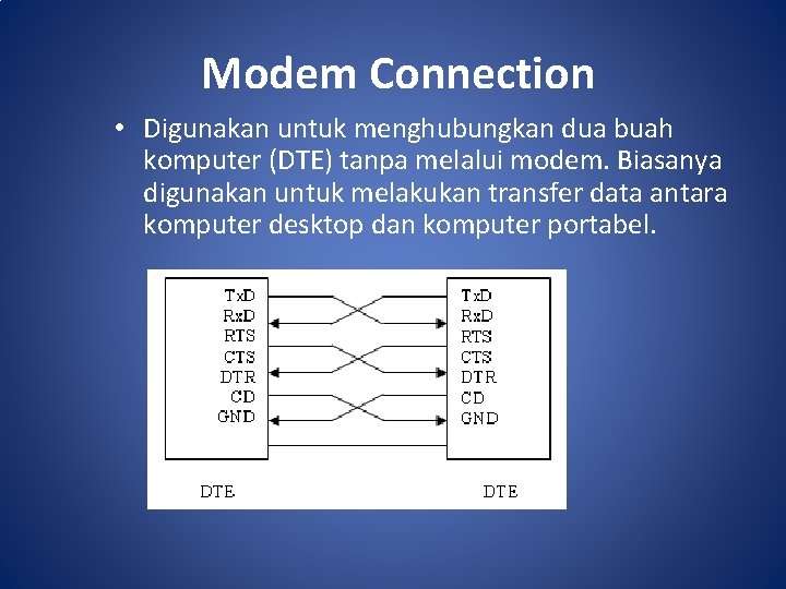  Modem Connection • Digunakan untuk menghubungkan dua buah komputer (DTE) tanpa melalui modem.