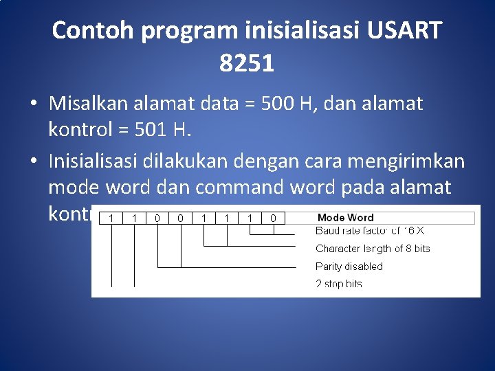 Contoh program inisialisasi USART 8251 • Misalkan alamat data = 500 H, dan alamat