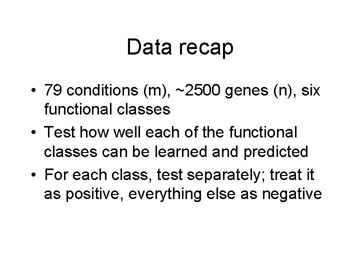 Data recap • 79 conditions (m), ~2500 genes (n), six functional classes • Test