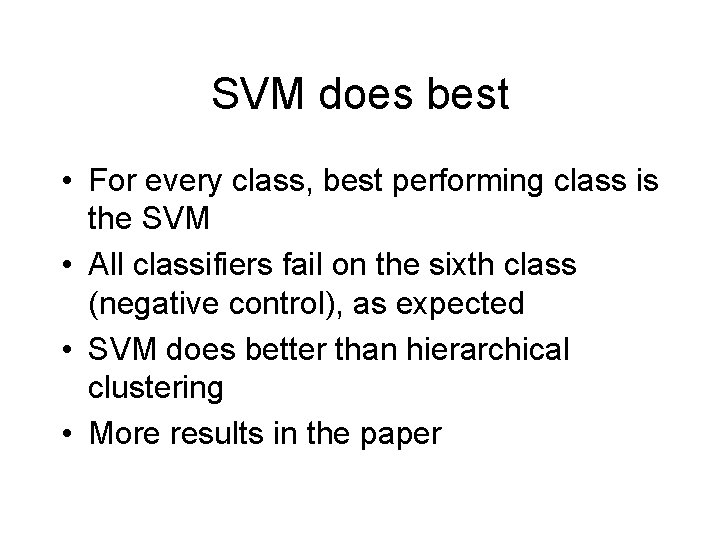 SVM does best • For every class, best performing class is the SVM •