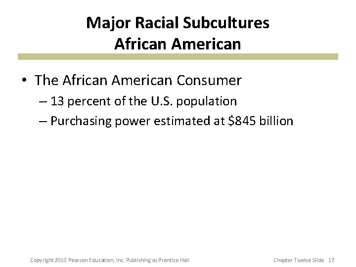 Major Racial Subcultures African American • The African American Consumer – 13 percent of