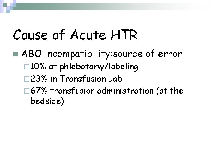 Cause of Acute HTR n ABO incompatibility: source of error ¨ 10% at phlebotomy/labeling