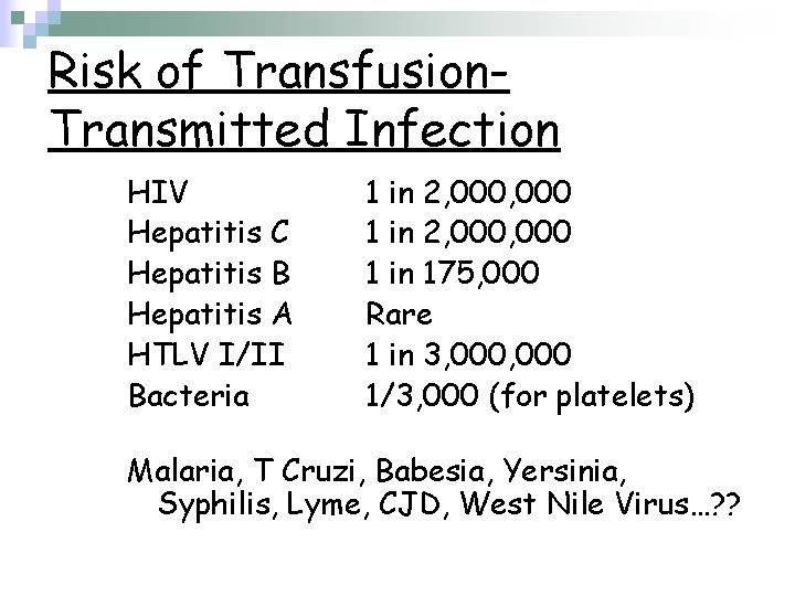 Risk of Transfusion. Transmitted Infection HIV Hepatitis C Hepatitis B Hepatitis A HTLV I/II