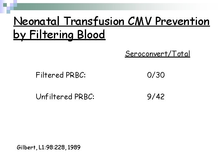 Neonatal Transfusion CMV Prevention by Filtering Blood Seroconvert/Total Filtered PRBC: 0/30 Unfiltered PRBC: 9/42