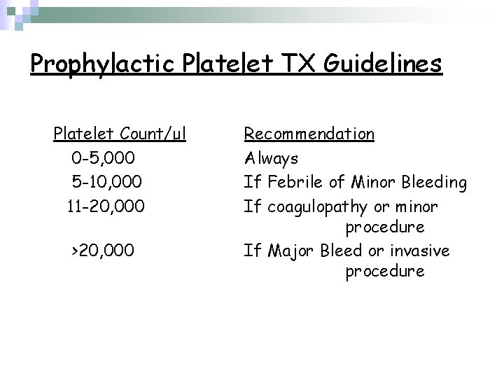 Prophylactic Platelet TX Guidelines Platelet Count/μl 0 -5, 000 5 -10, 000 11 -20,