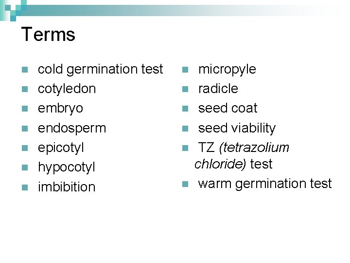 Terms n n n n cold germination test cotyledon embryo endosperm epicotyl hypocotyl imbibition