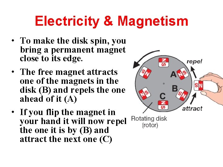 Electricity & Magnetism • To make the disk spin, you bring a permanent magnet