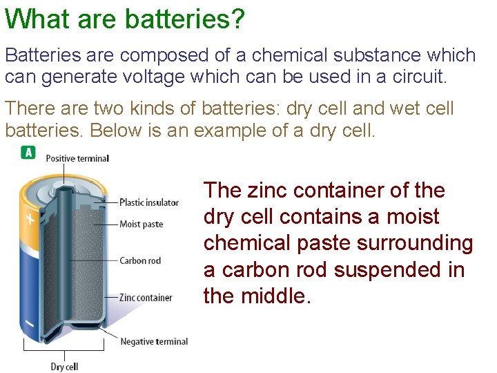 What are batteries? Batteries are composed of a chemical substance which can generate voltage