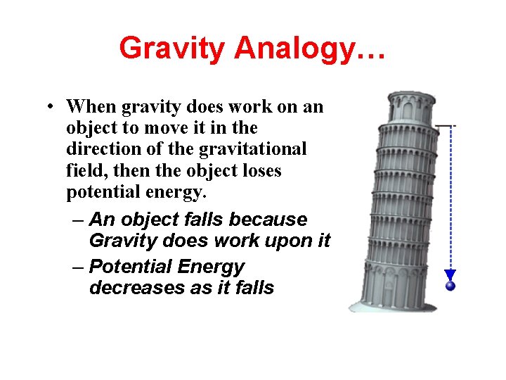 Gravity Analogy… • When gravity does work on an object to move it in