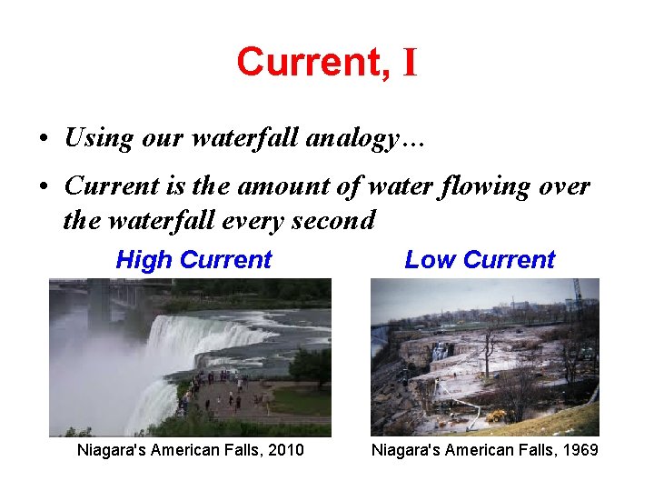 Current, I • Using our waterfall analogy… • Current is the amount of water