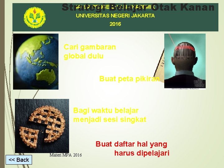 MASA PENGENALAN AKADEMIK Strategi Belajar Otak Kanan UNIVERSITAS NEGERI JAKARTA 2016 Cari gambaran global