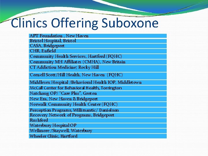 Clinics Offering Suboxone APT Foundation , New Haven Bristol Hospital, Bristol CASA, Bridgeport CHR,