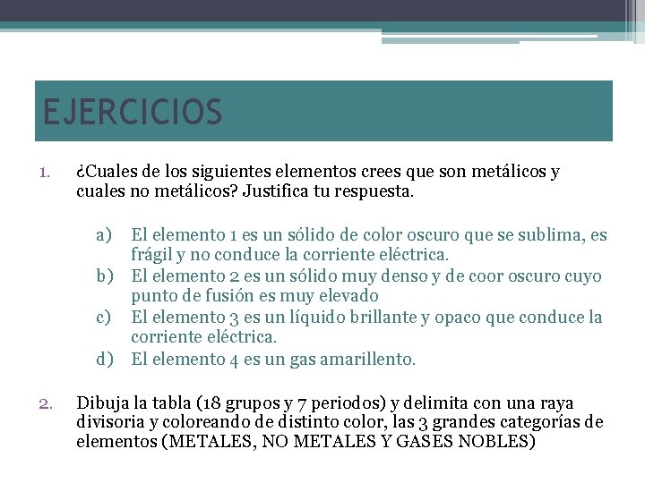 EJERCICIOS 1. ¿Cuales de los siguientes elementos crees que son metálicos y cuales no
