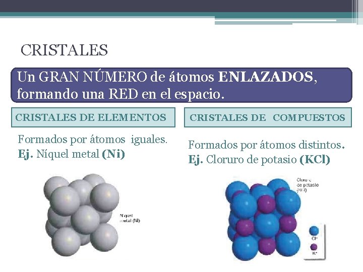 CRISTALES Un GRAN NÚMERO de átomos ENLAZADOS, formando una RED en el espacio. CRISTALES
