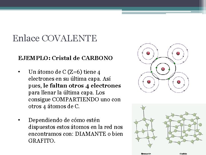 Enlace COVALENTE EJEMPLO: Cristal de CARBONO • Un átomo de C (Z=6) tiene 4