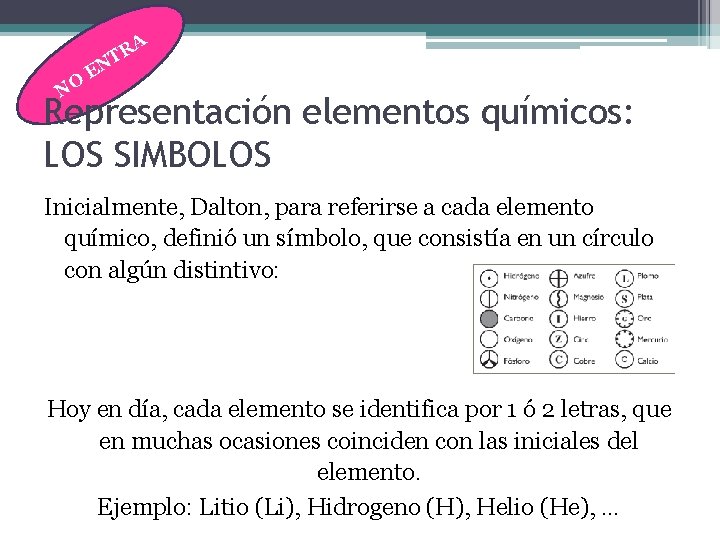 NO E A R NT Representación elementos químicos: LOS SIMBOLOS Inicialmente, Dalton, para referirse