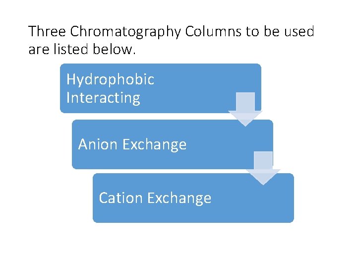 Three Chromatography Columns to be used are listed below. Hydrophobic Interacting Anion Exchange Cation