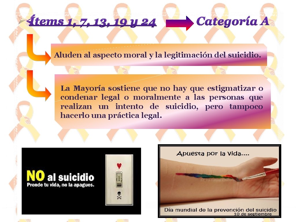 Ø Ítems 1, 7, 13, 19 y 24 Categoría A Aluden al aspecto moral