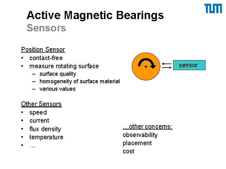 Active Magnetic Bearings Sensors Position Sensor • contact-free • measure rotating surface + –