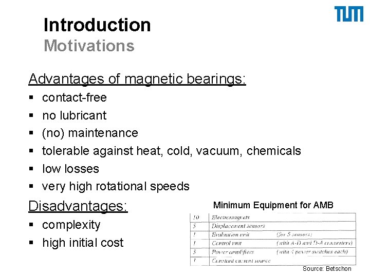 Introduction Motivations Advantages of magnetic bearings: § § § contact-free no lubricant (no) maintenance