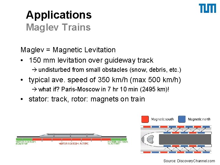 Applications Maglev Trains Maglev = Magnetic Levitation • 150 mm levitation over guideway track