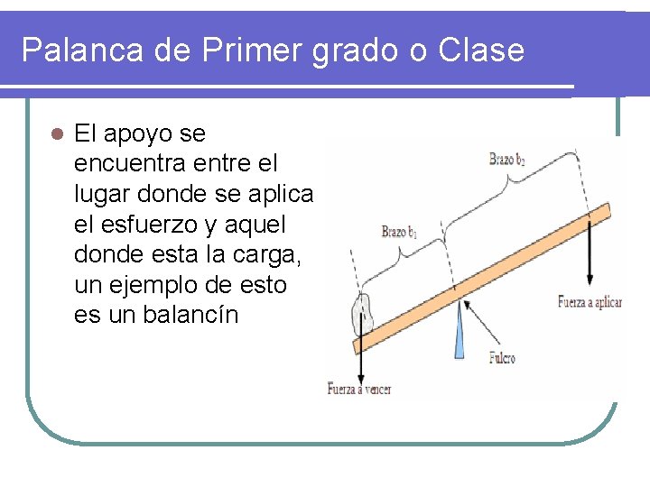 Palanca de Primer grado o Clase l El apoyo se encuentra entre el lugar