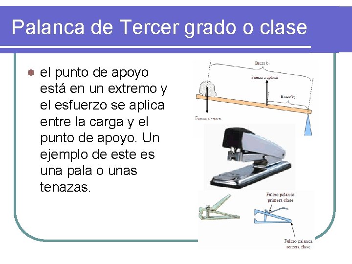 Palanca de Tercer grado o clase l el punto de apoyo está en un