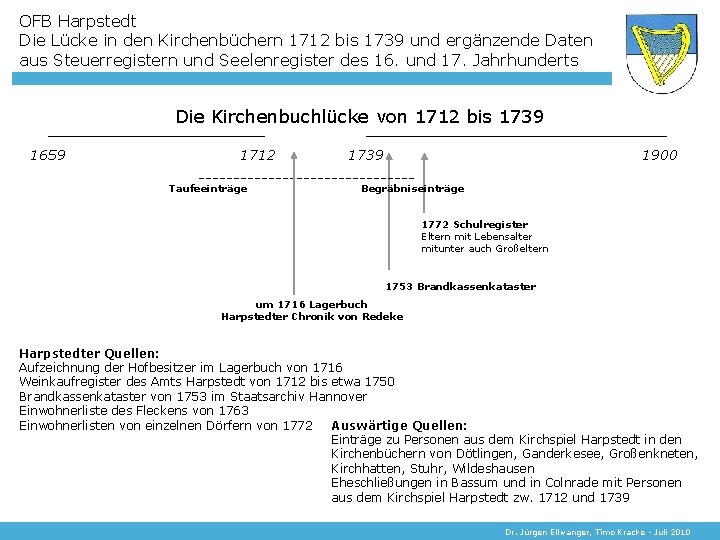 OFB Harpstedt Die Lücke in den Kirchenbüchern 1712 bis 1739 und ergänzende Daten aus