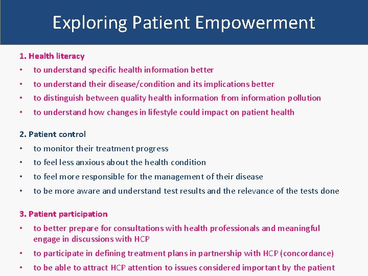 Exploring Patient Empowerment 1. Health literacy • • to understand specific health information better