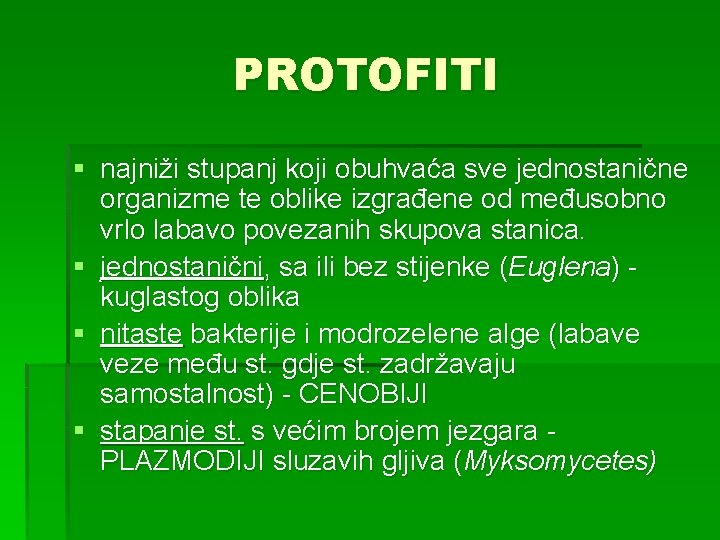 PROTOFITI § najniži stupanj koji obuhvaća sve jednostanične organizme te oblike izgrađene od međusobno