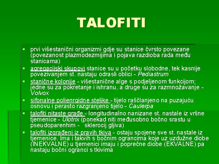 TALOFITI § prvi višestanični organizmi gdje su stanice čvrsto povezane (povezanost plazmodezmijima i pojava