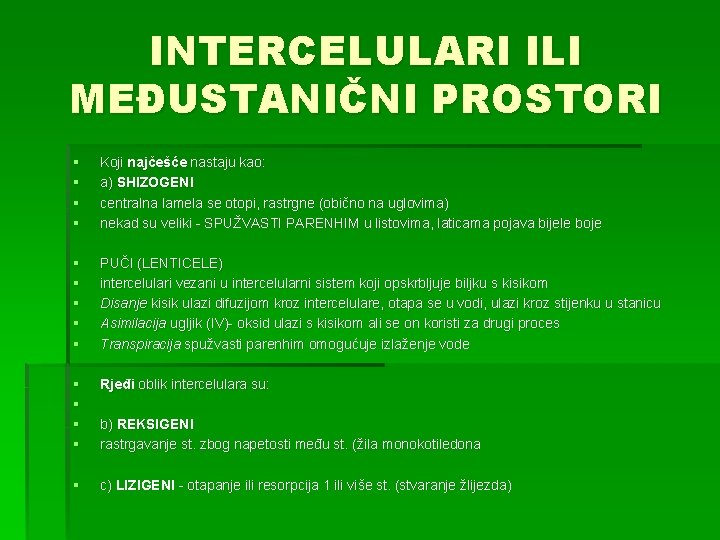 INTERCELULARI ILI MEĐUSTANIČNI PROSTORI § § Koji najčešće nastaju kao: a) SHIZOGENI centralna lamela