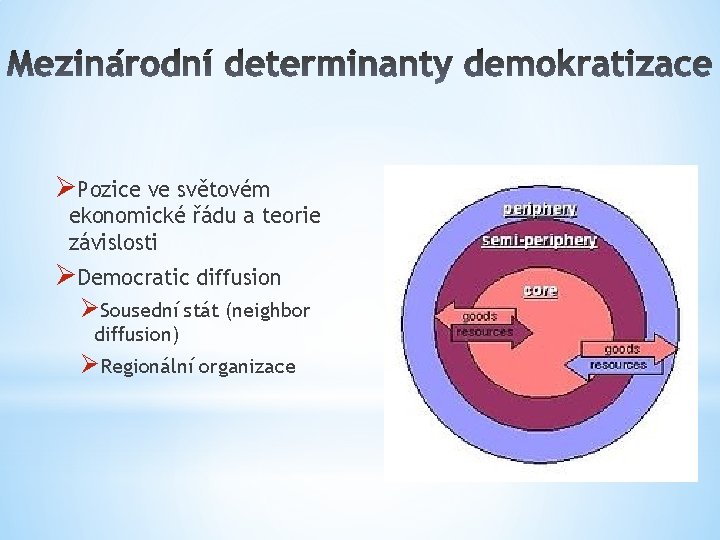 ØPozice ve světovém ekonomické řádu a teorie závislosti ØDemocratic diffusion ØSousední stát (neighbor diffusion)