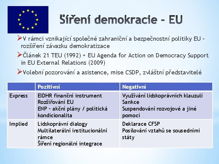 ØV rámci vznikající společné zahraniční a bezpečnostní politiky EU – rozšíření závazku demokratizace ØČlánek