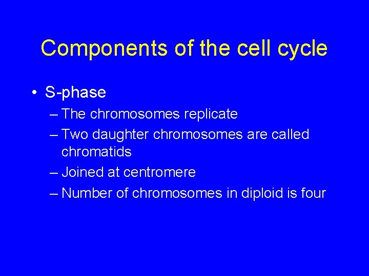 Components of the cell cycle • S-phase – The chromosomes replicate – Two daughter