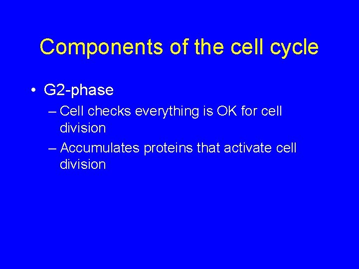 Components of the cell cycle • G 2 -phase – Cell checks everything is