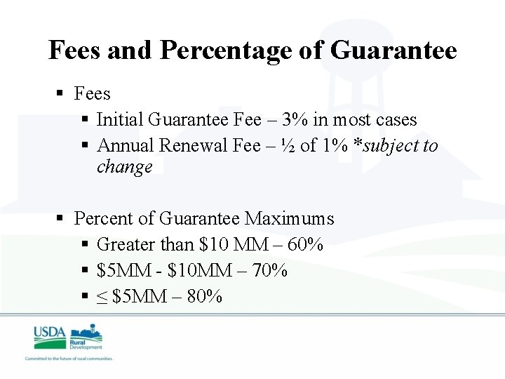 Fees and Percentage of Guarantee § Fees § Initial Guarantee Fee – 3% in