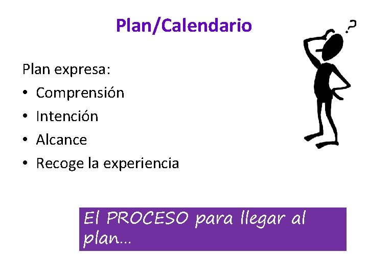 Plan/Calendario Plan expresa: • Comprensión • Intención • Alcance • Recoge la experiencia El